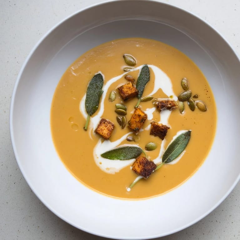 Enjoy a steaming bowl of Chickpea, Pumpkin & Sage Soup, showcasing golden roasted pumpkin and fragrant herbs.