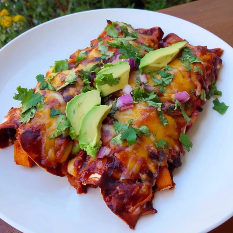 Warm, cheesy One-Pan Sweet Potato, Black Bean & Kale Enchiladas, ready for a satisfying vegetarian supper.