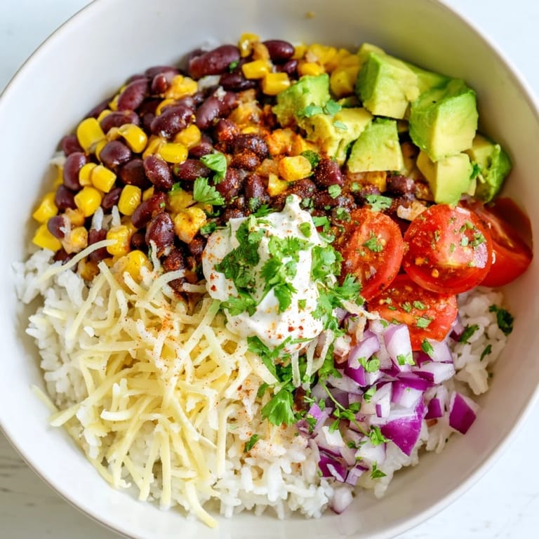 Fresh cilantro and juicy tomatoes topping this flavorful Rice, Bean, and Corn Burrito Bowl are a delight.