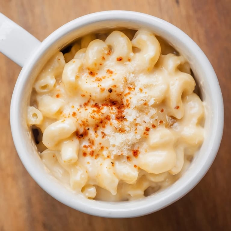 Creamy, homemade mug mac & cheese in a white mug, ready to be sprinkled with Parmesan.