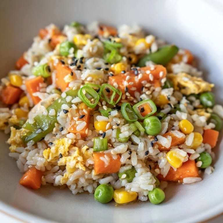 Close-up of freshly cooked Frozen Veggie Fried Rice with Egg, ready to eat, a healthy and quick dinner.