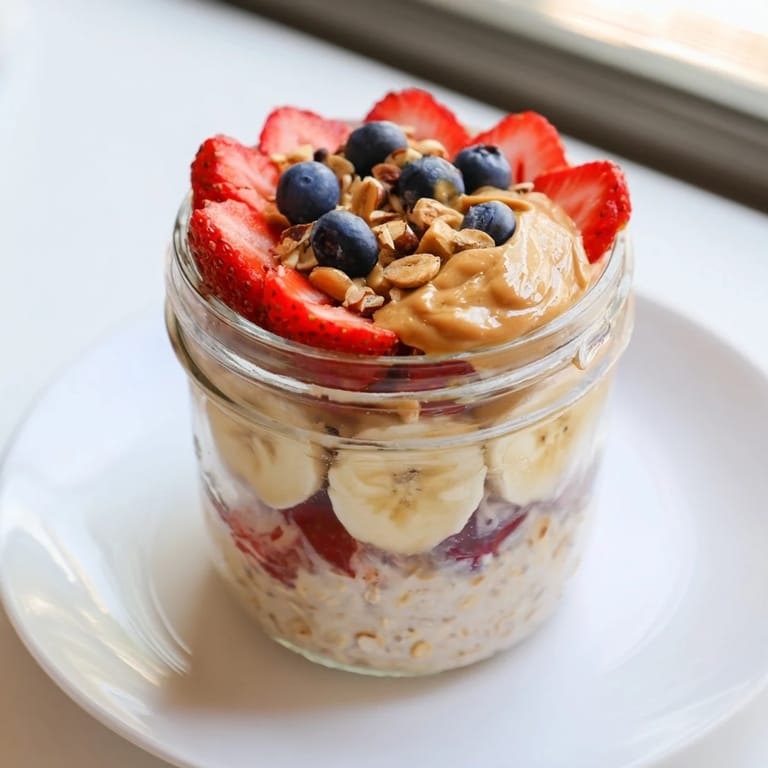 Close-up of spoon digging into Overnight Oats Jars showcasing creamy textures, fruit, and peanut butter swirls.
