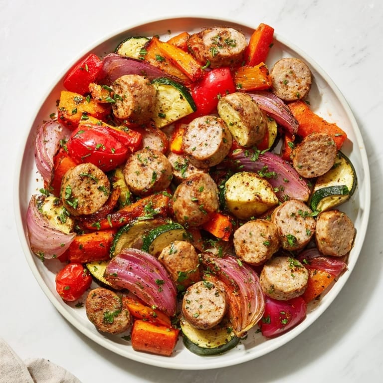 Colorful sheet-pan roasted veggies & sausage with tender vegetables and savory sausage, ready to serve.