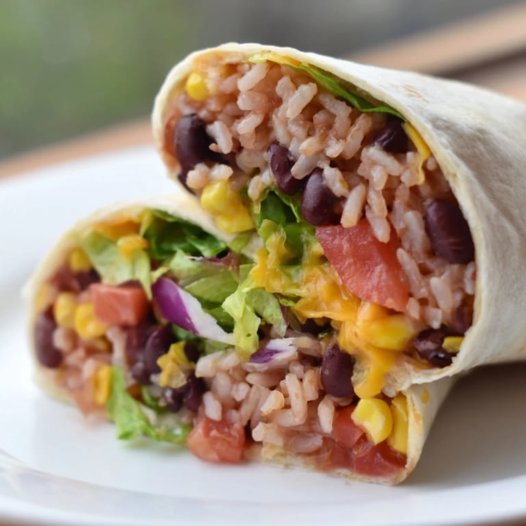 Freshly made Rice & Bean Burritos, bursting with colorful fillings, ready for a satisfying, savory meal.