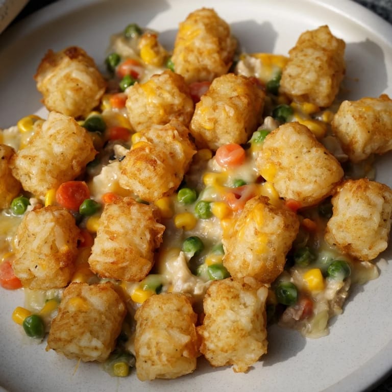 Homemade Tater Tot Chicken Pot Pie, bubbling hot from the oven, ready for a hearty family dinner.