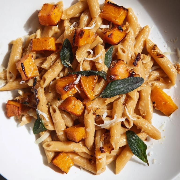 Creamy Brown Butter Pasta with Butternut Squash, garnished with Parmesan and crispy sage, ready to eat.