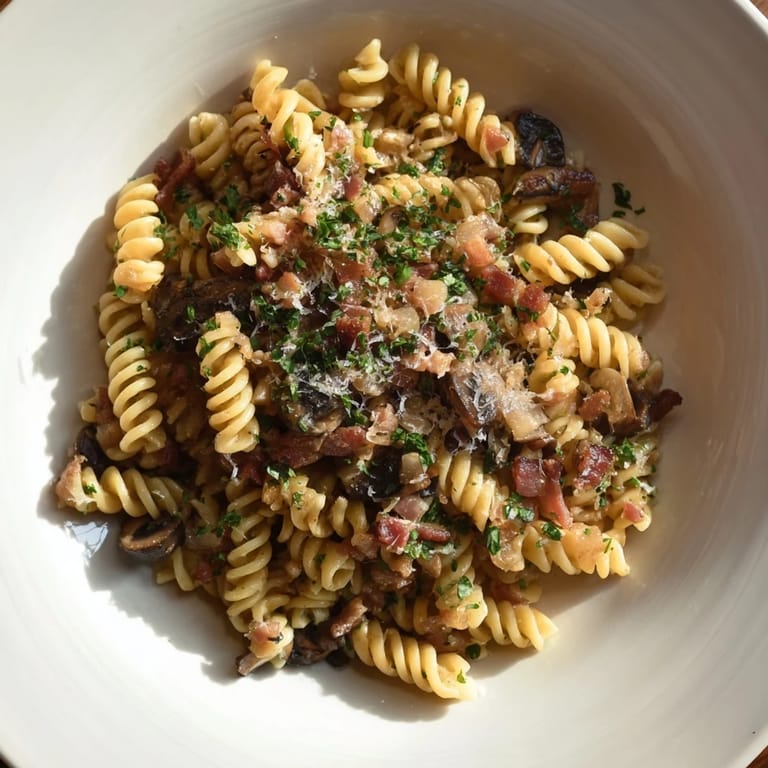 Homemade fusilli with bacon, onions, and mushrooms, plated beautifully with fresh parsley and Parmesan.