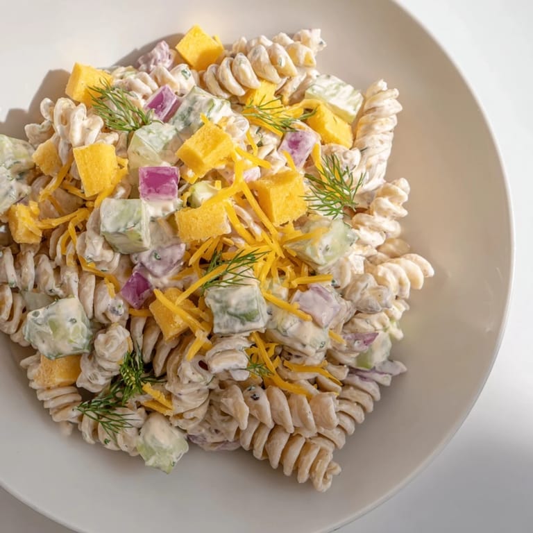 Vibrant Dill Pickle Pasta Salad: a colorful mix of dill pickles, herbs, and tasty rotini.