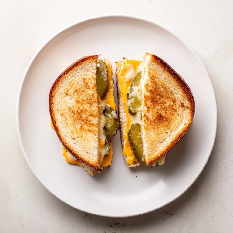Golden-brown sourdough cradles oozing cheese and pickle slices in this fantastic gooey grilled cheese sandwich.