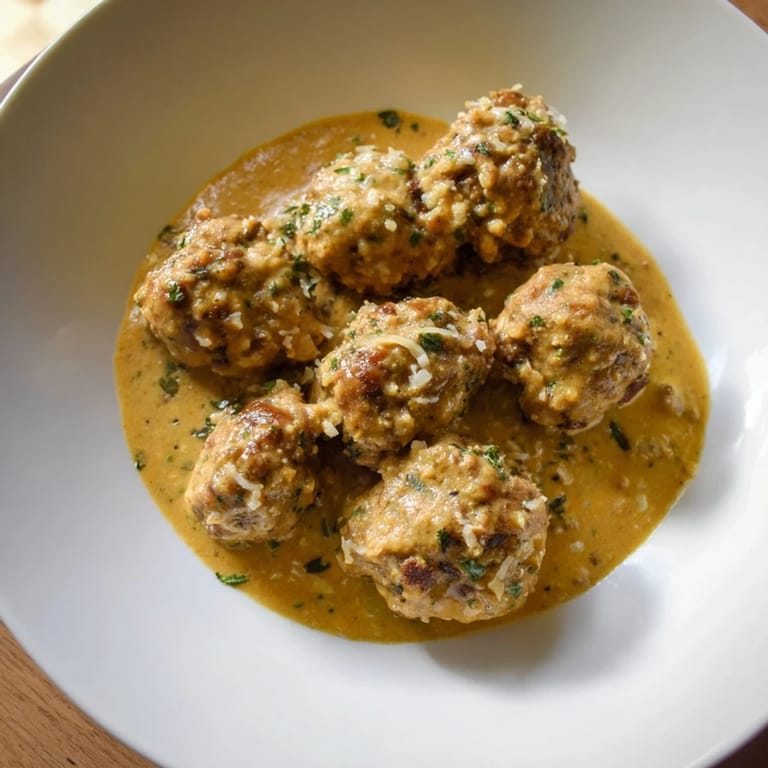 A close-up of tender, golden-brown turkey meatballs coated in creamy pumpkin sage sauce.