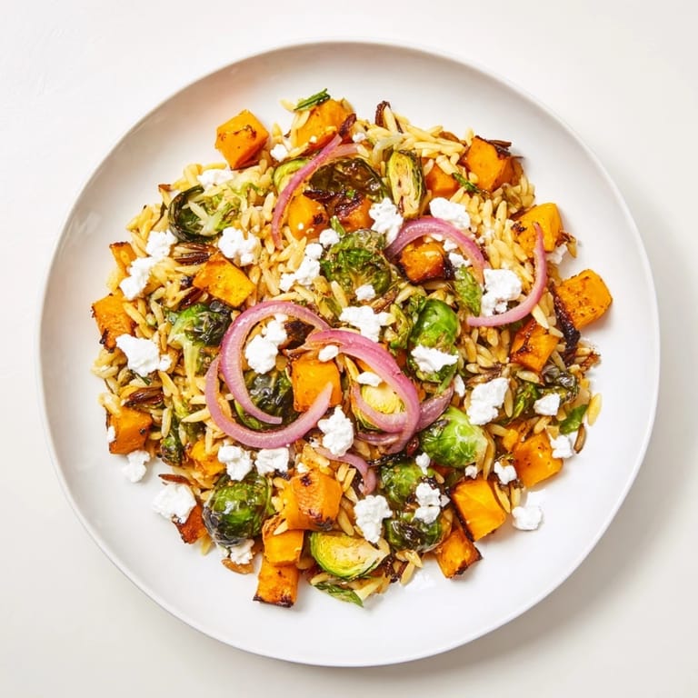 Close-up of Best Fall Harvest Orzo Salad: featuring tender vegetables and a sweet maple balsamic glaze.