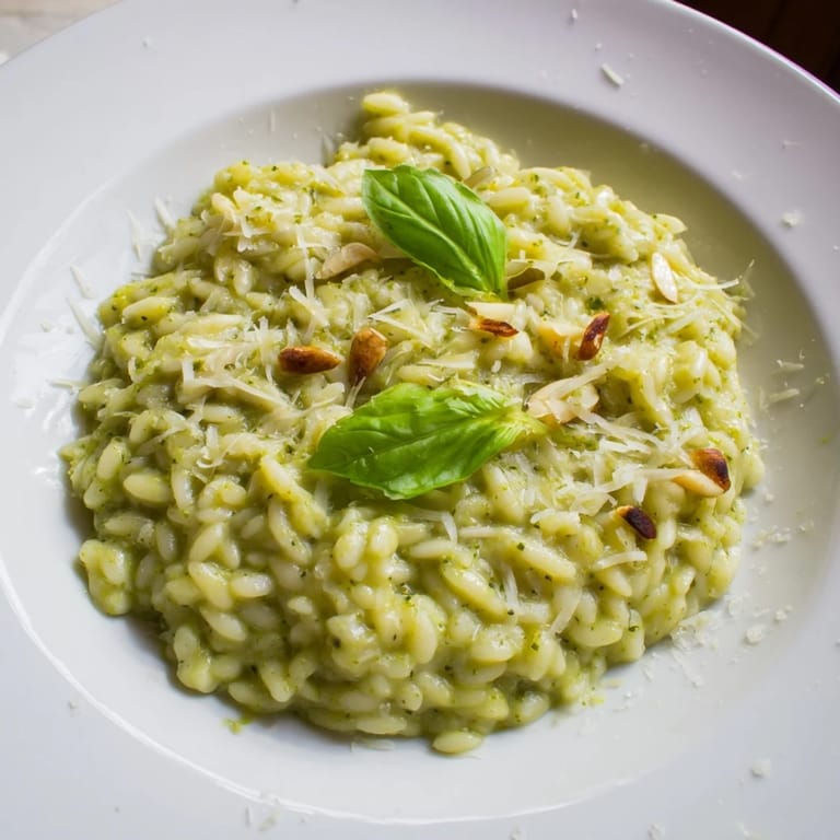 Close-up of creamy 15-Minute Pesto Risoni, the comforting pasta dish exploding with flavor.