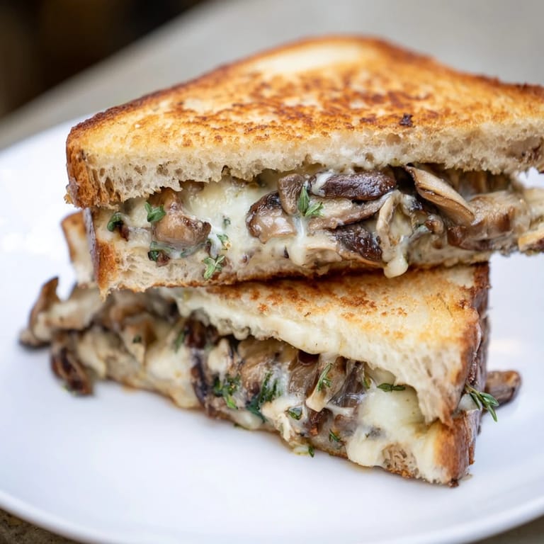 A close-up of a Roast Garlic Mushroom & Thyme Grilled Cheese, showing the crispy golden bread and filling.