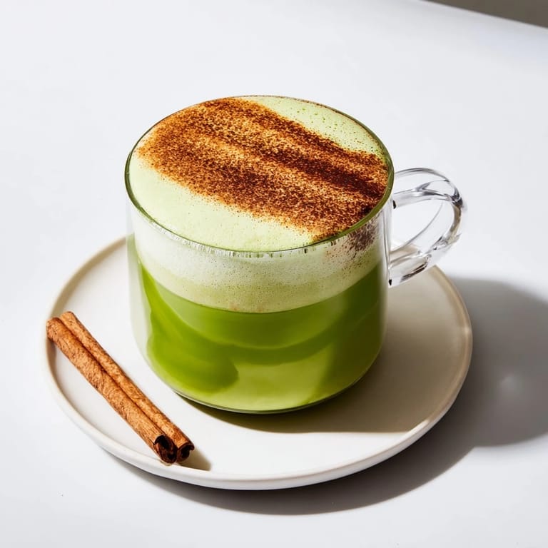 A lovely close-up shows a comforting Maple Cinnamon Gingerbread Matcha Oat Latte garnished with a cinnamon stick.