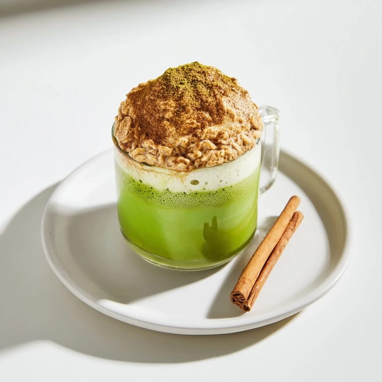Frothy matcha and spiced oat milk blend beautifully in this Maple Cinnamon Gingerbread Oat Latte.