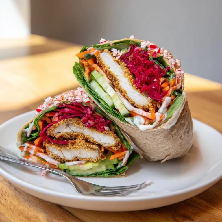 See the beautiful Candy Cane Crunch Chicken Veggie Wrap, filled with colorful vegetables and crunchy chicken.