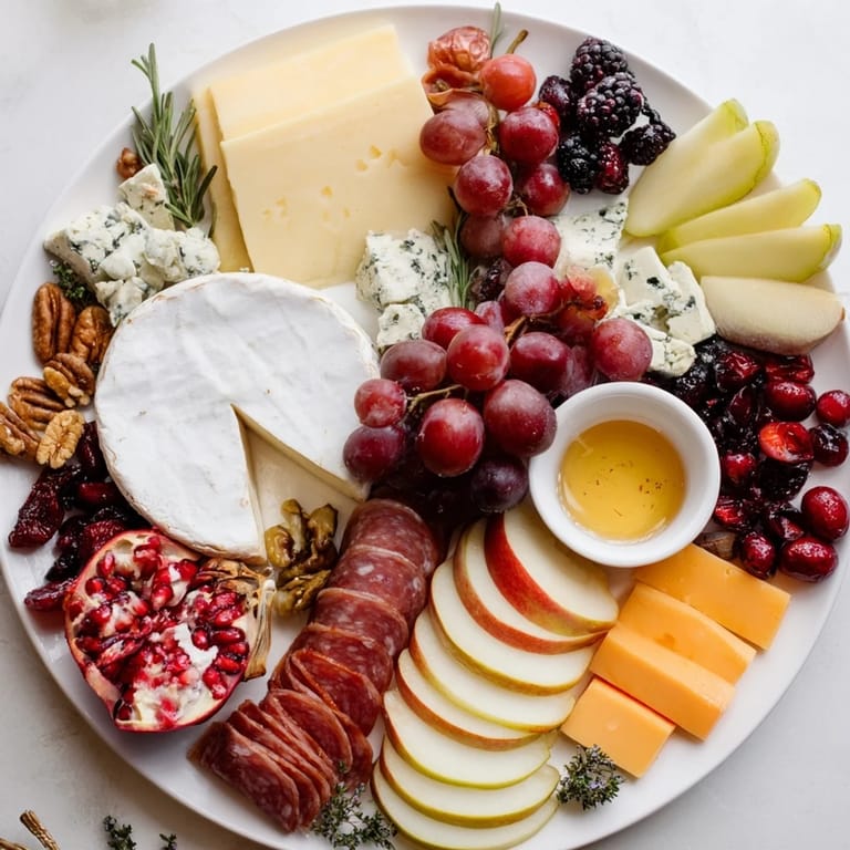 Delicious Jingle Bell Cheese Board with savory cheeses and fruits, ready to be enjoyed by all.