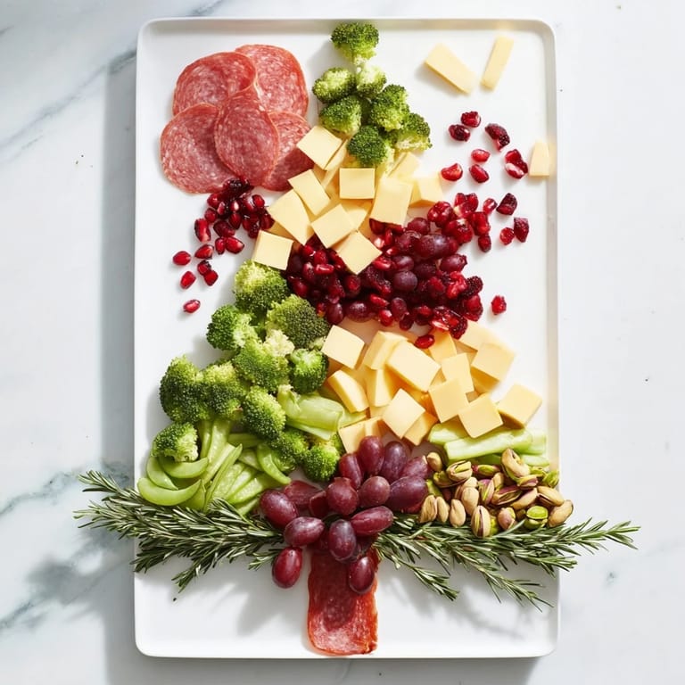 An Evergreen Tree Snack Board overflowing with vibrant cheeses, salami, and sparkling pomegranate seeds.