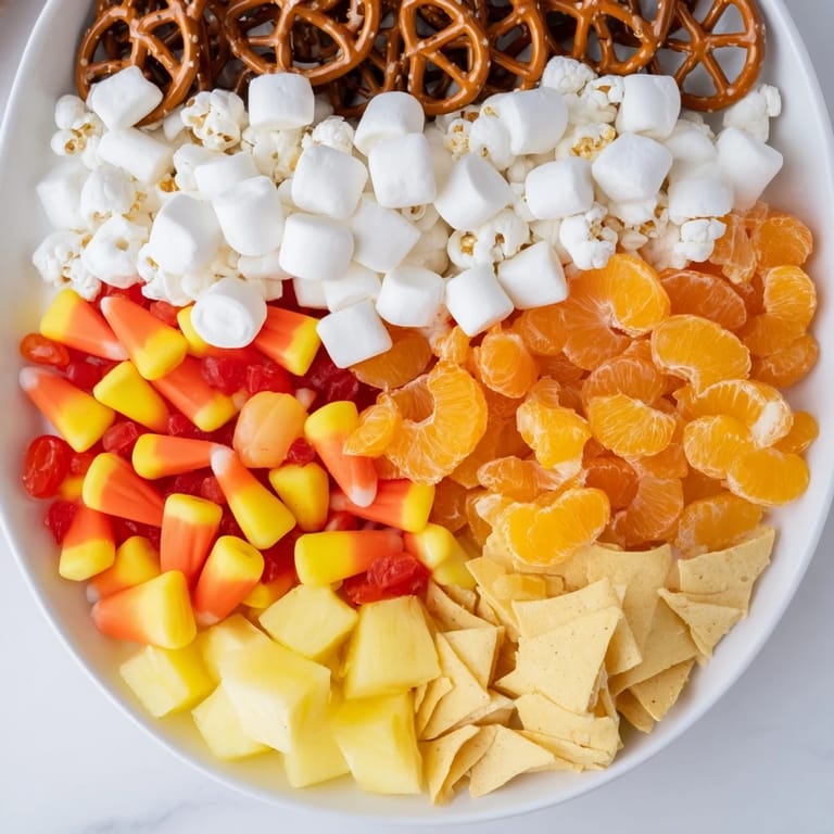 Sweet and savory candy corn spooky board overflowing with Halloween candies and party snacks.
