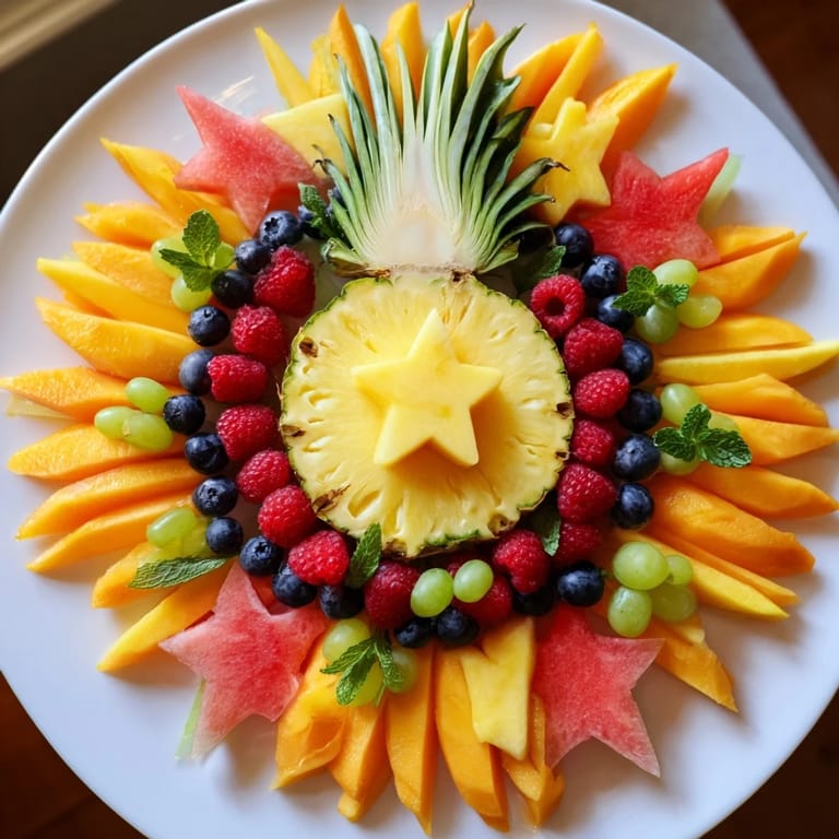 Vibrant Summer Rays Sun-Shaped Fruit Tray with pineapple, mango, and berries; a refreshing snack.