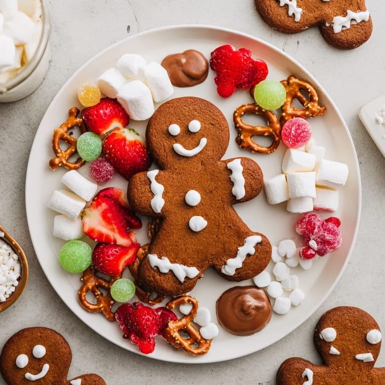 Warm gingerbread man cookies with white royal icing are surrounded by candies, perfect for sharing.
