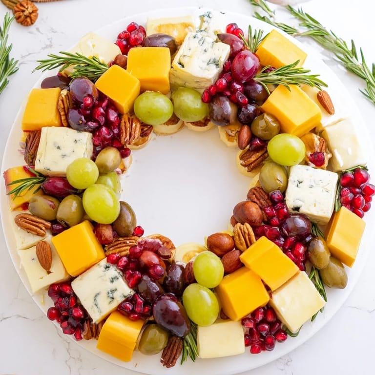 A delicious Holiday Wreath Cheese Ring arrangement offers a delightful assortment of cheeses and seasonal fruits.