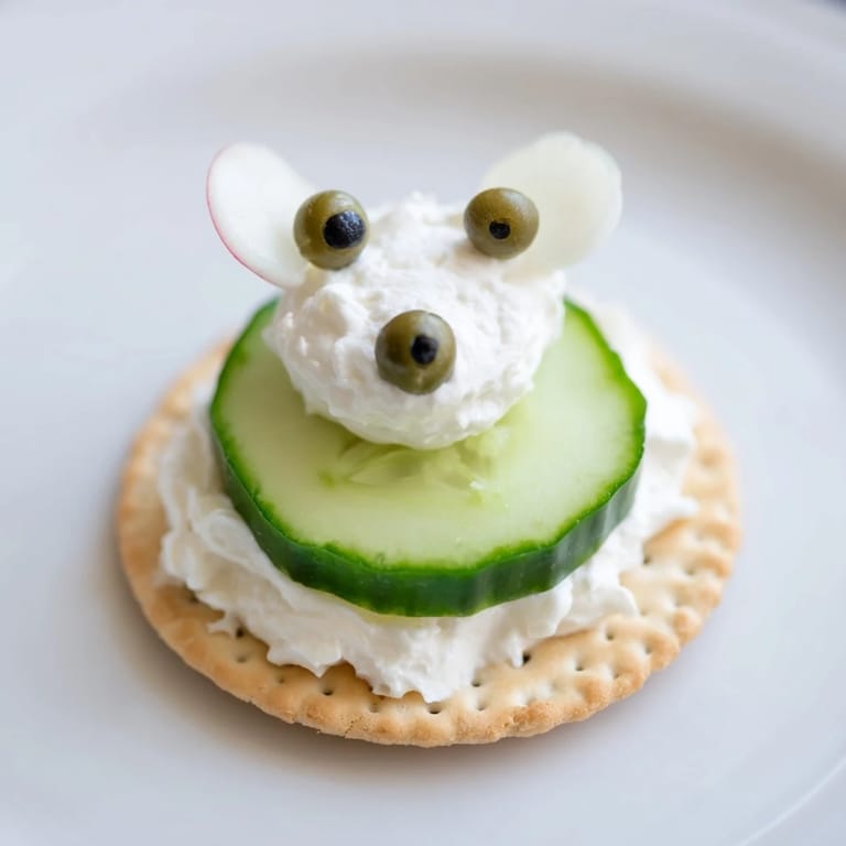 Round crackers topped with cream cheese and veggie features make these delightful Polar Bear Cracker Stacks.