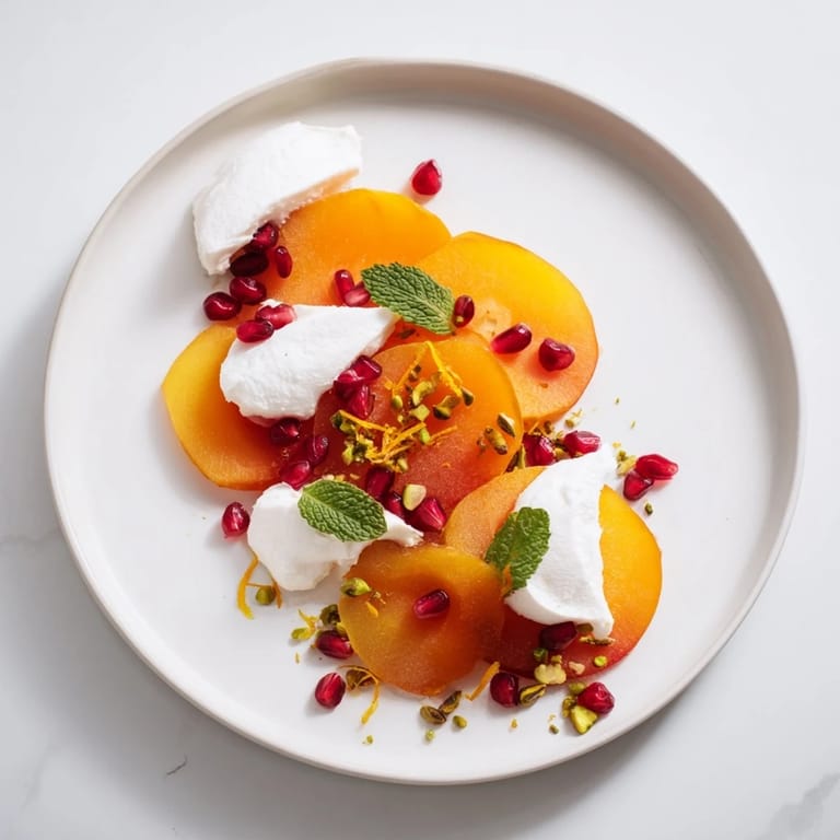 Refreshing winter fruit snowscape dessert showcases persimmon and pear slices topped with snowy cream.