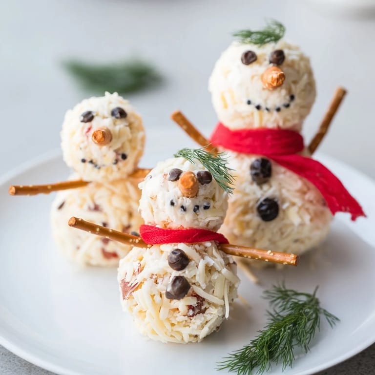 Smiling Snowman Cheese Ball Trio: a whimsical, holiday appetizer featuring creamy cheese balls decorated as snowmen.