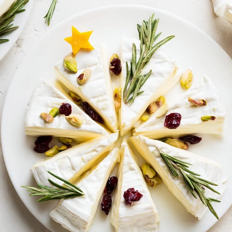 This savory Simple Brie Triangle Cheese Tree features creamy Brie with sugared cranberries on a platter.