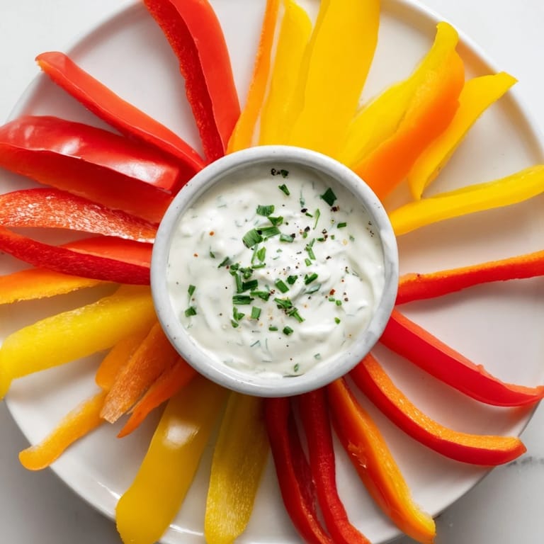 Colorful bell pepper strips and herbed Greek yogurt dip, ready for dipping on a platter.