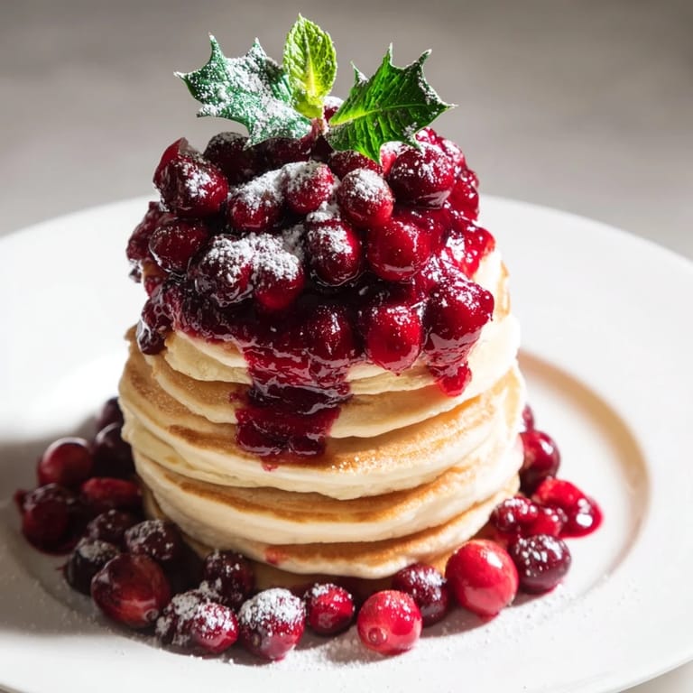 Imagine golden Brunch Board: Pancake Stack pancakes layered with a sweet berry compote and mint “holly.”