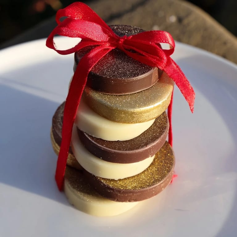 Decorative display of chocolate gold coin stacks, ready to eat and made with delicious milk chocolate.