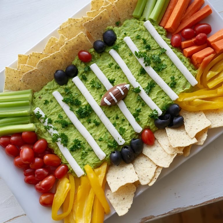 A close-up of a festive Game Day Football Field Snack Board with various dips and dippers.