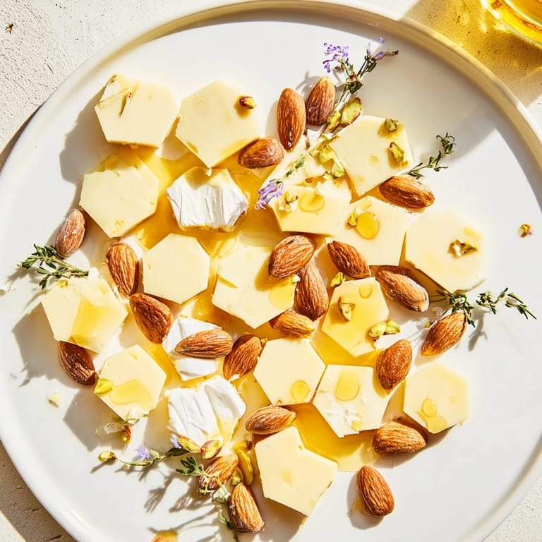 Elegantly served Honeycomb Hexagon Maze appetizer, featuring hexagonal cheeses and crunchy nuts, ready to eat.