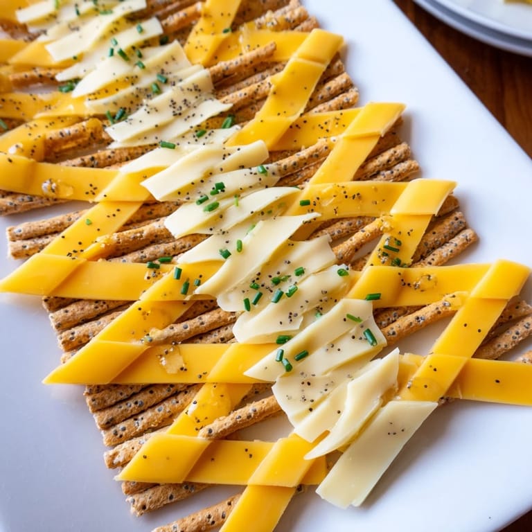 Close-up of the Garden Gate Lattice shows layers of cheese and crackers, ready to be enjoyed.
