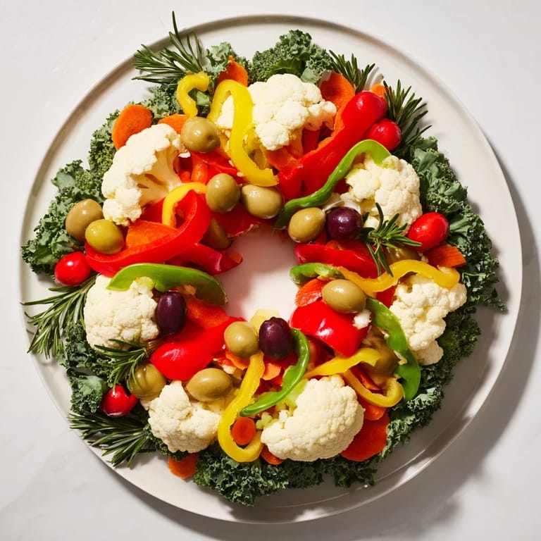 A beautiful close-up of the fresh and colorful Garland Veggie Wreath, featuring crisp broccoli and cauliflower florets.