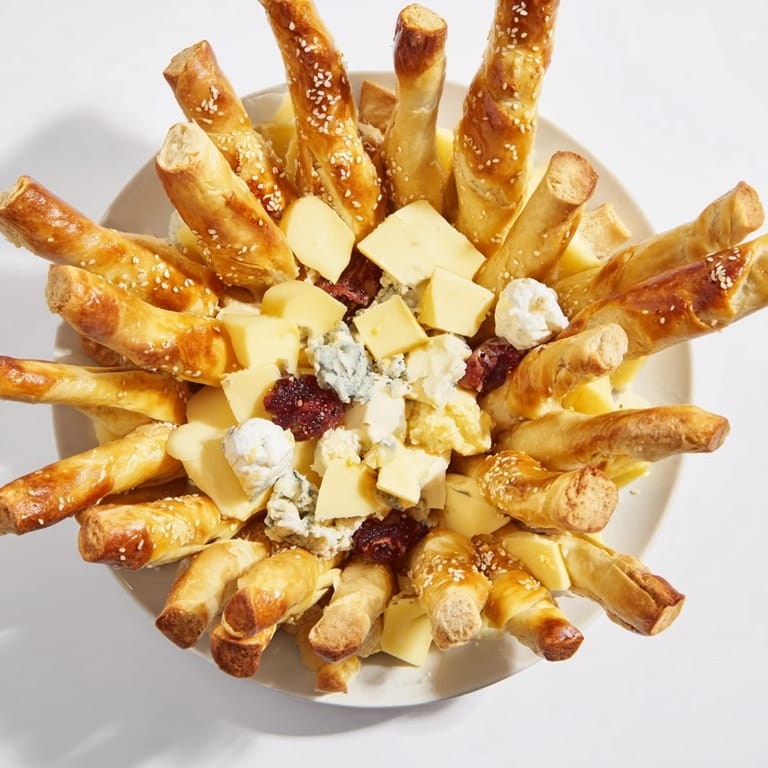Homemade breadsticks circle a cheese selection, creating The Gilded Cage, ready for an elegant party spread.