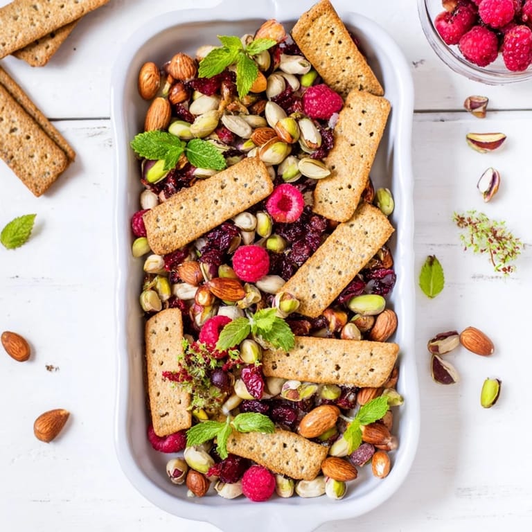 See a vibrant The Picket Fence snack platter: Arranged crackers create a fence around berries and nuts.