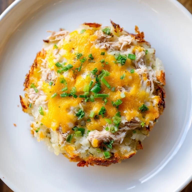 Close-up of potato and chicken cakes, showing tender shredded chicken within the golden patties, ready to eat.
