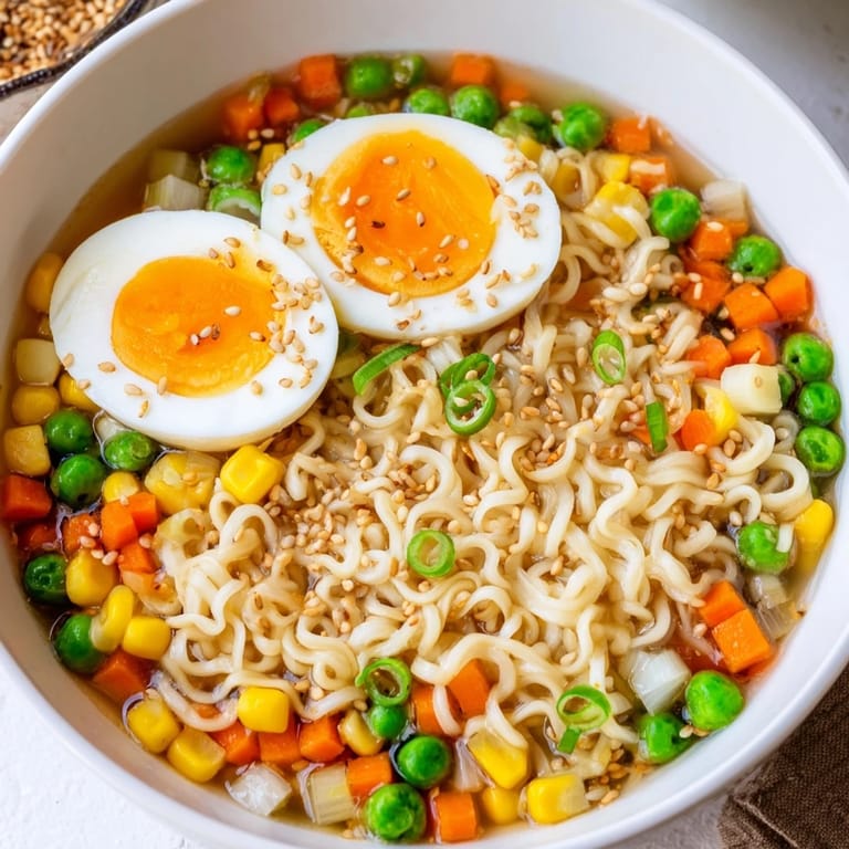 Colorful, steaming Ramen Upgrade with Frozen Peas, featuring vibrant vegetables and savory broth.