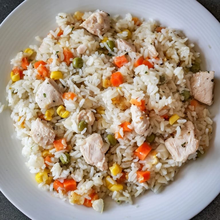 This one-pot chicken and rice features perfectly cooked rice, chicken, and colorful mixed vegetables, ready to eat.