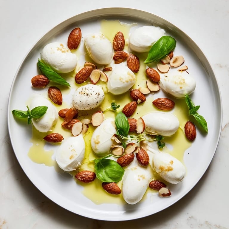 Imagine The Polished Pebble, a whimsical appetizer with varied cheeses and a garnish of fresh basil leaves.