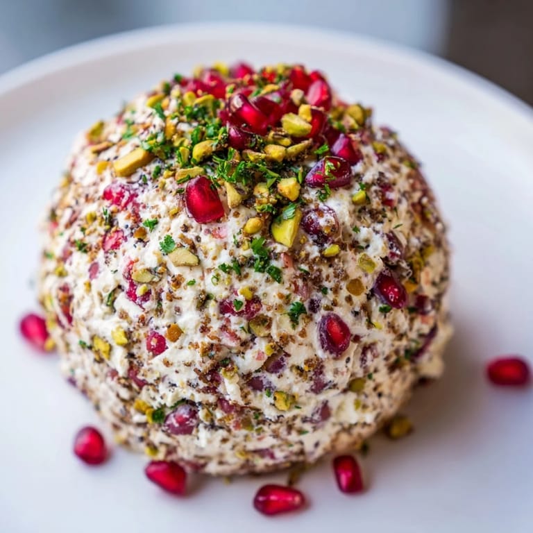 This elegant Royal Orb appetizer features a creamy cheese ball sparkling with vibrant pomegranate seeds.
