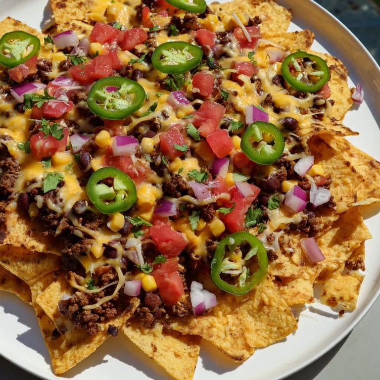 A hot tray of cheesy Easy Sheet-Pan Nachos, featuring seasoned ground beef and a medley of delicious toppings ready to enjoy.