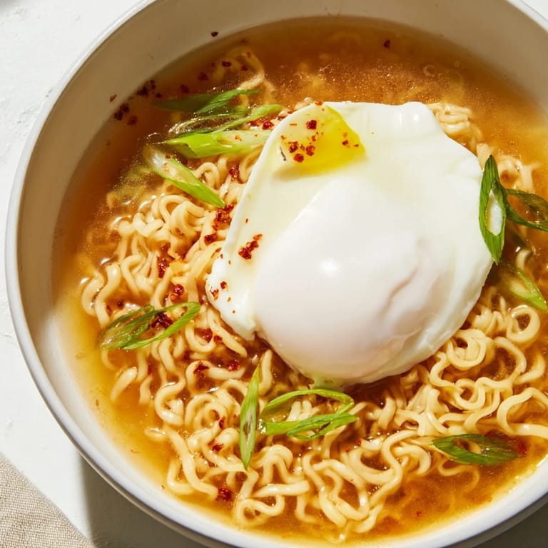 A steaming bowl of upgraded instant ramen showcasing a golden, runny egg yolk ready to be enjoyed.