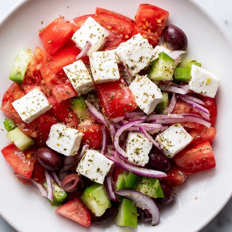 Fresh and simple Mediterranean salad; featuring crisp cucumbers, olives, and a bright, zesty dressing.