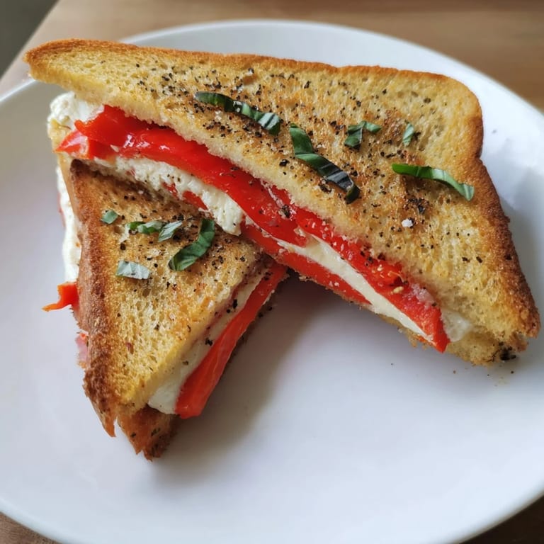 A close-up of a perfectly cooked Roasted Red Pepper Grilled Cheese, ready to be cut and served.