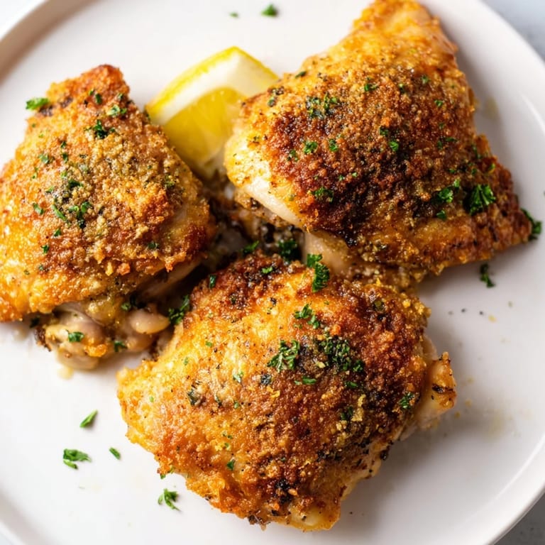 Plated Crispy Garlic Chicken Thighs, ready to eat, served with lemon wedges providing a zesty contrast.