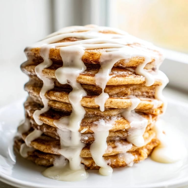 Delicious and decadent cinnamon roll pancakes: a stack of breakfast bliss with a delightful swirl.